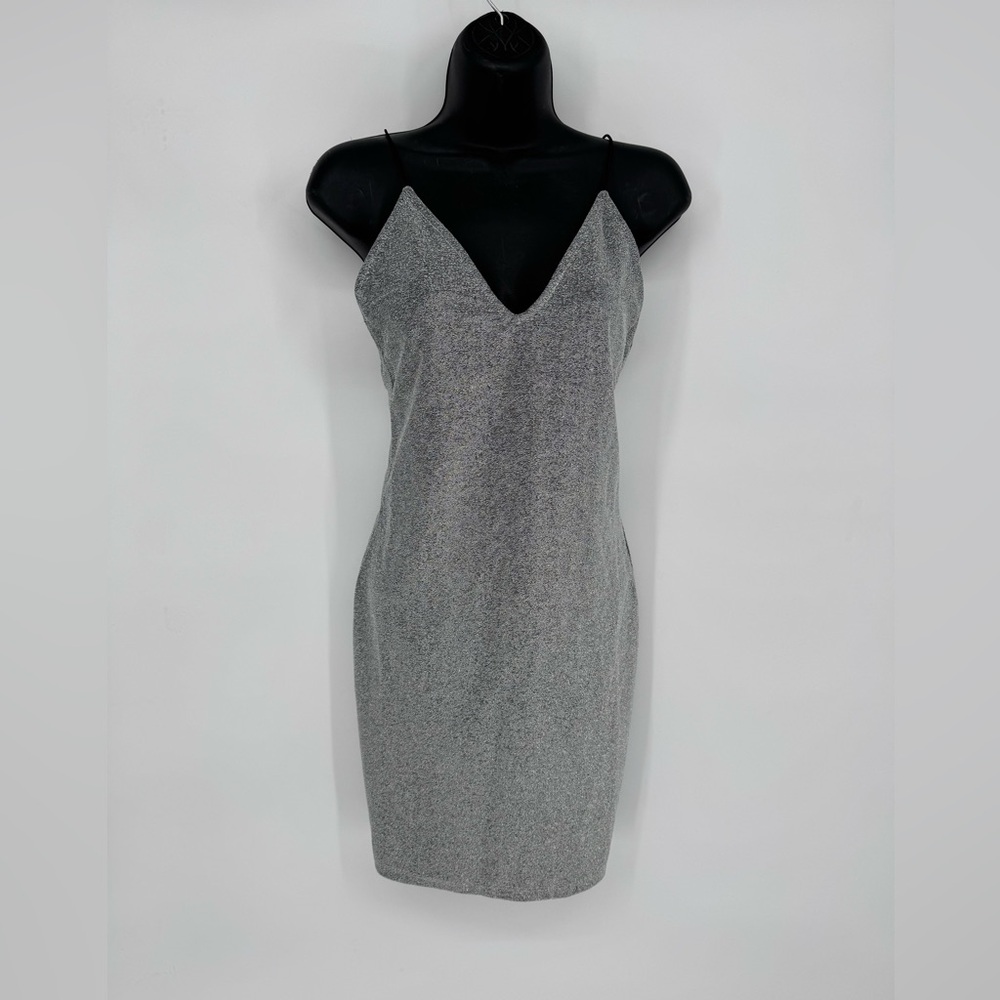 H&M Divided silver gray glitter V-cut thin strap bodycon mini dress size‎ M NWT